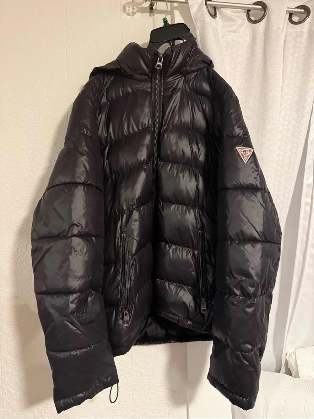 Guess Black Shiny Quilted Puffer Jacket with Hood